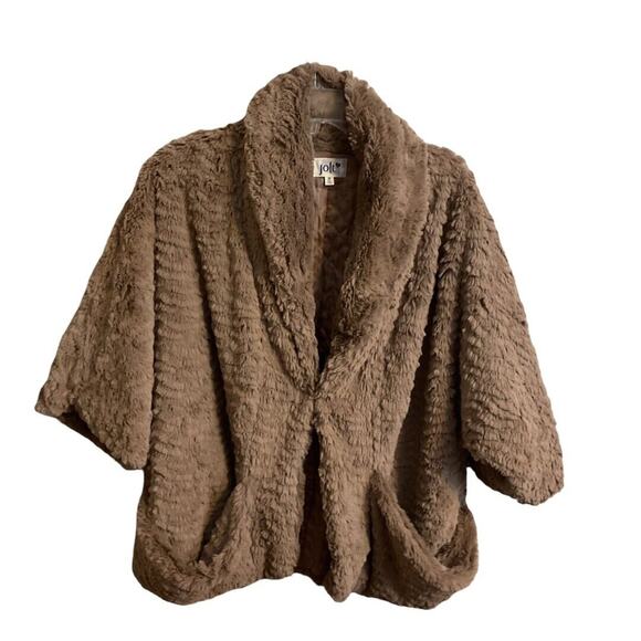JOLT Faux Fur Coat Sz M Brown Wide Sleeve Pocket Roll Collar Butter Soft - Picture 1 of 10